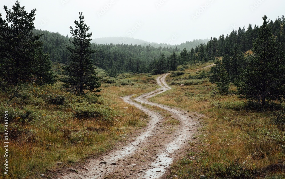 Rainy day on a winding dirt road through a green forest. Overcast sky, muddy path, lush vegetation Rainy day on a winding dirt road through a green forest. Overcast sky, muddy path, lush vegetation