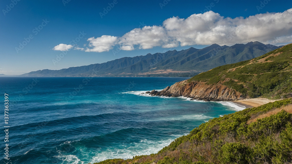 Fototapeta premium Rugged Coastal Landscape with Turquoise Waves and Cliffs