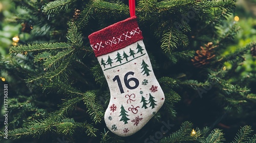 Christmas stocking with tree, and number 16. photo