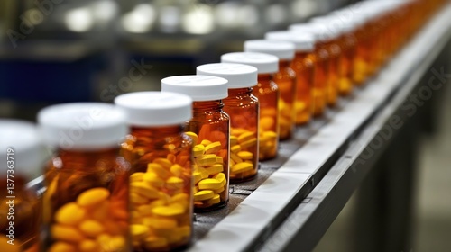 Amber glass bottles filled with yellow pills moving on a conveyor belt in a pharmaceutical factory.