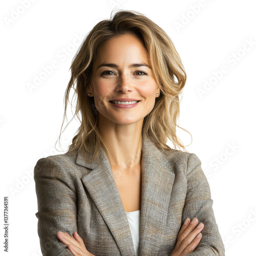 Portrait of a smiling confident Caucasian woman, 30 years old, in a gray business blazer, with long blonde hair, isolated on a transparent background, young employee or office manager
