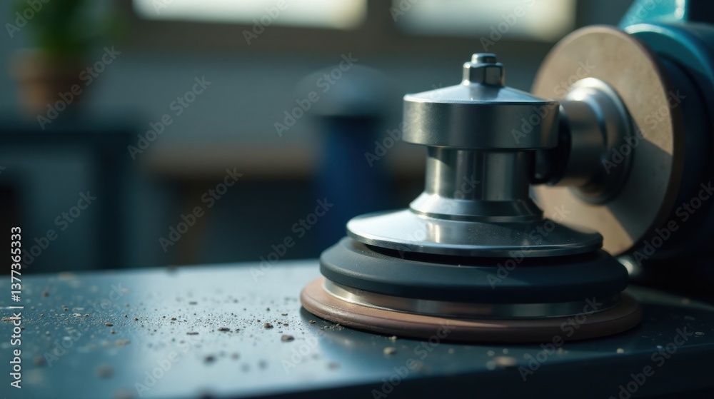 Precision Grinding Machine Close-up Detail Showing Polished Metal Components and Fine Dust Particles on the Work Surface Precision Grinding Machine Close-up Detail Showing Polished Metal Components and Fine Dust Particles on the Work Surface