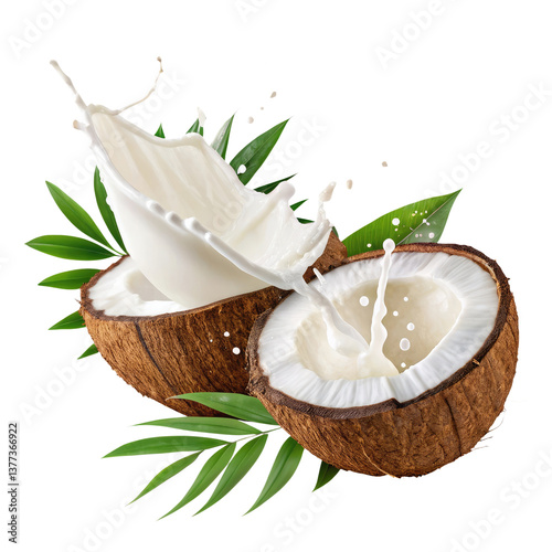 A fresh coconut with a splash of milk and natural tropical appeal on a transparent background