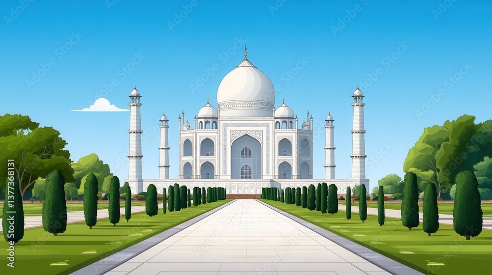 Fototapeta premium Digital Illustration of Magnificent Taj Mahal Surrounded by Lush Greenery and Clear Blue Sky