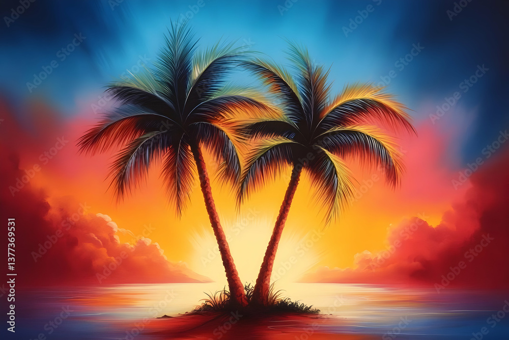 A serene sunset view featuring two palm trees silhouetted against a vibrant sky, perfect for relaxation and tranquility. A serene sunset view featuring two palm trees silhouetted against a vibrant sky, perfect for relaxation and tranquility.