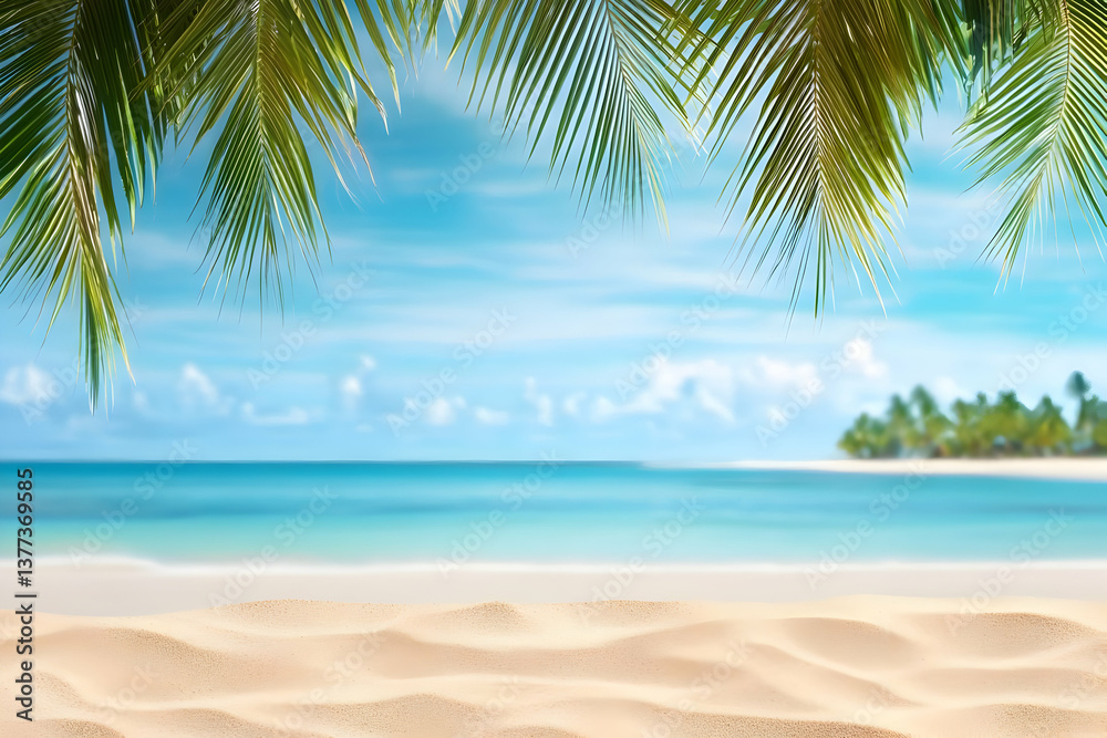 A serene tropical beach scene with palm trees framing a calm blue ocean and soft sandy shore under a clear sky. A serene tropical beach scene with palm trees framing a calm blue ocean and soft sandy shore under a clear sky.