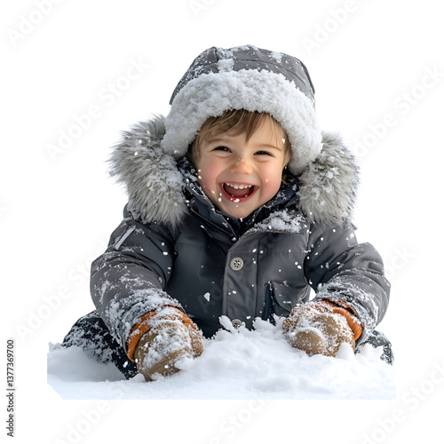 A Child Wearing a Snow Suit and Boots Playing in Snow Isolated on Transparent Background
