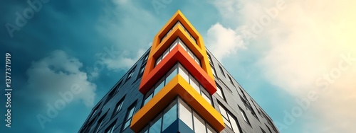 Sleek and contemporary highrise building featuring an intricate geometric pattern of glass and steel elements across its expansive facade set against a dramatic urban cityscape backdrop