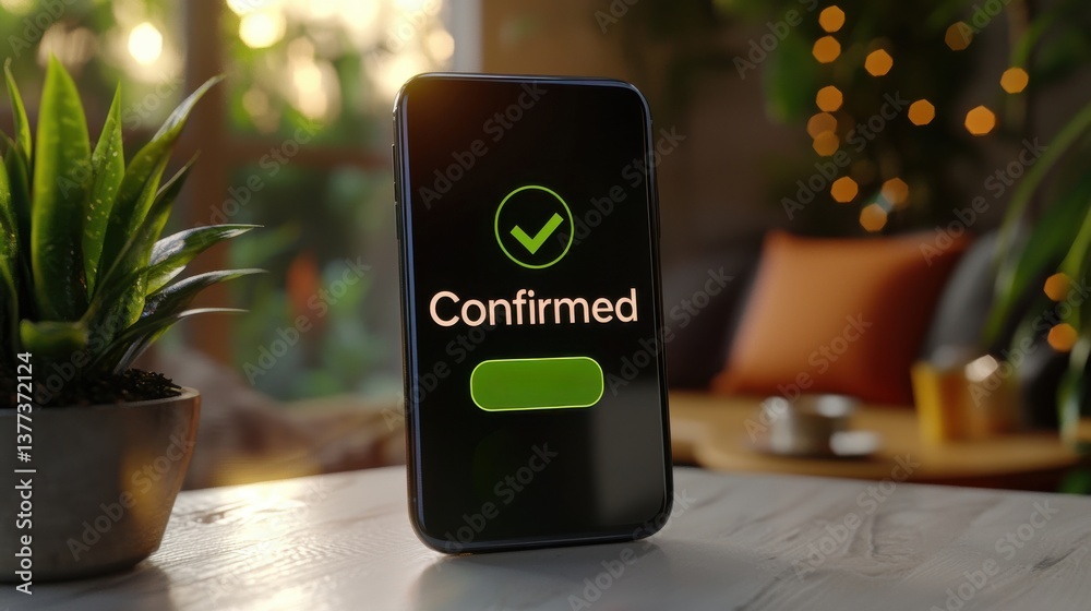 A smartphone displaying a green Confirmed notification on the screen with a plant and other office decor in the background A smartphone displaying a green Confirmed notification on the screen with a plant and other office decor in the background