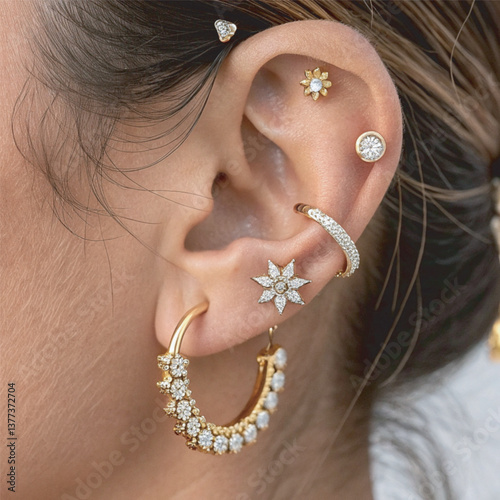 A close-up of a beautifully adorned ear featuring multiple elegant piercings with gold and diamond jewelr for National Piercing Day