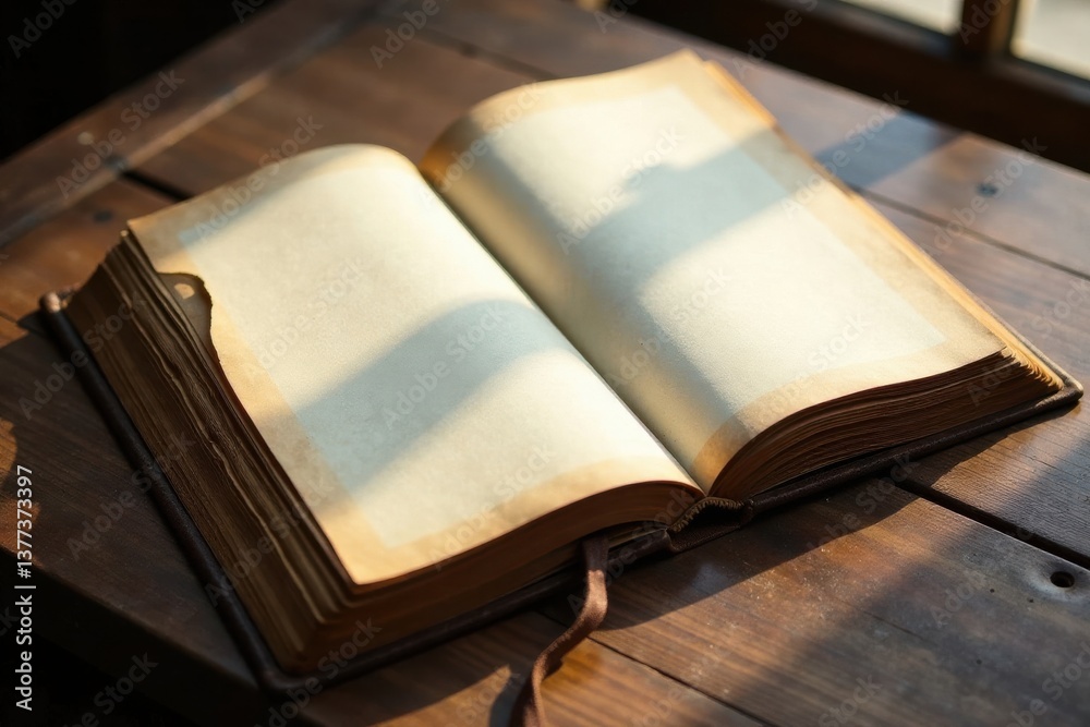 Obraz premium An antique book rests open on a wooden surface, bathed in the warm glow of sunlight, inviting exploration and reflection.