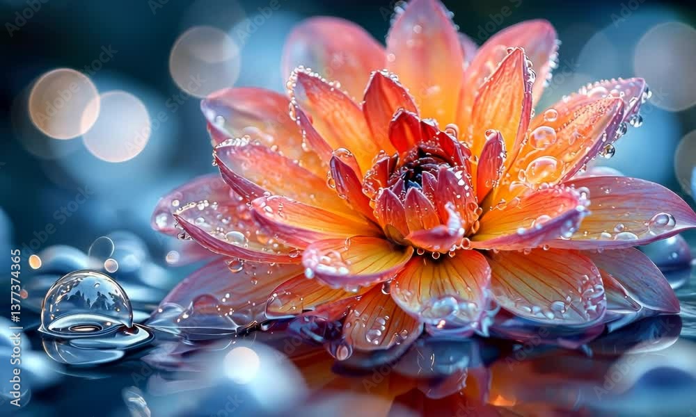 An orange and red flower with water droplets, reflected in the calm water with bokeh.