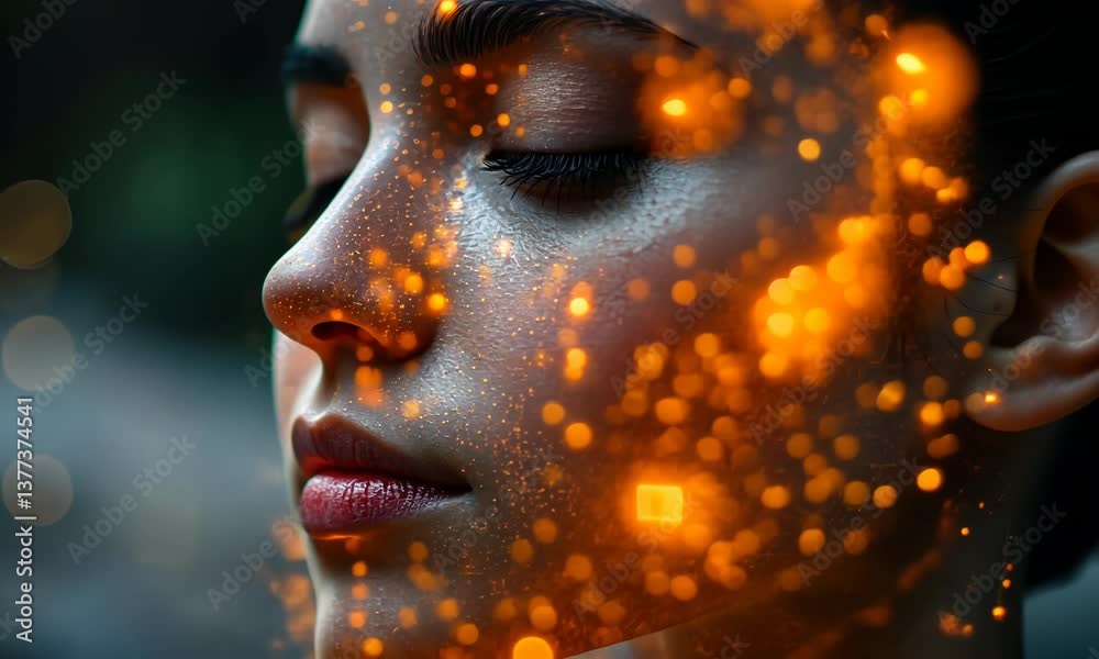 A woman's serene face adorned with glowing golden particles against a dark background. A woman's serene face adorned with glowing golden particles against a dark background.