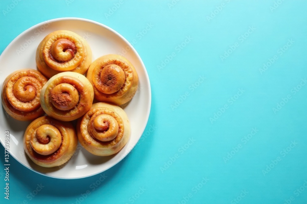 Fototapeta premium Sweet Cinnamon Swirls on a Plate, a Delightful Culinary Image Featuring Golden Brown Pastries with a Cinnamon Sugar Topping, Arranged on a Clean White Dish Against a Vibrant Teal Background