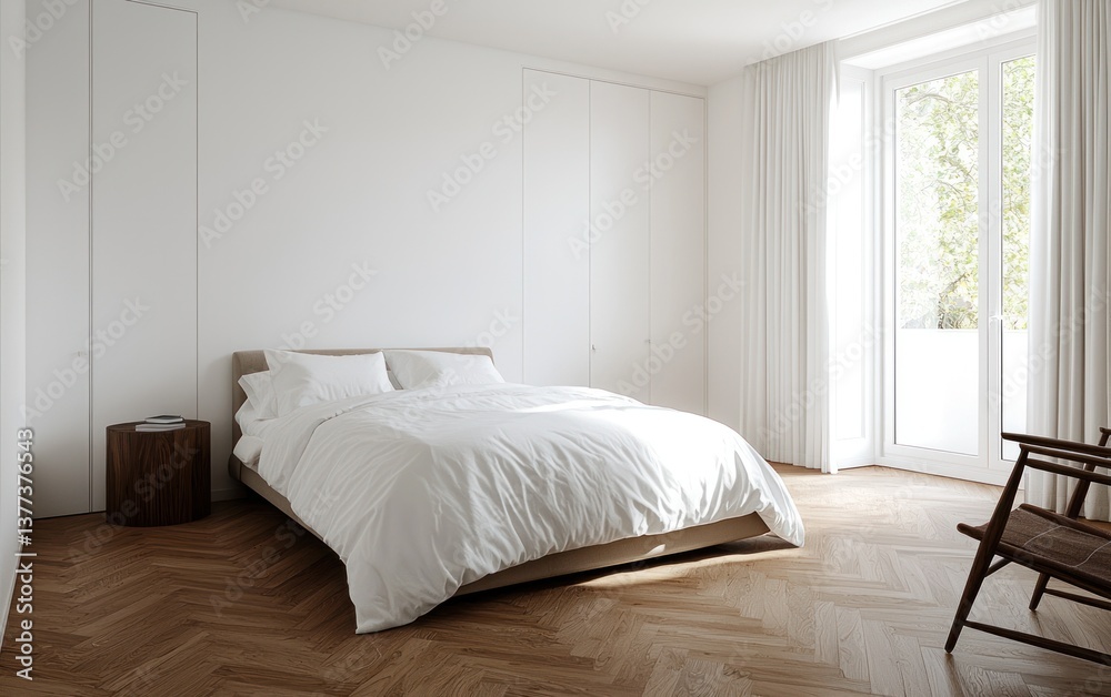 Fototapeta premium Bright and airy bedroom with white bedding, wooden floors, and a minimalist aesthetic. Sunlight streams through a window, illuminating the room. A simple wooden chair sits in the corner