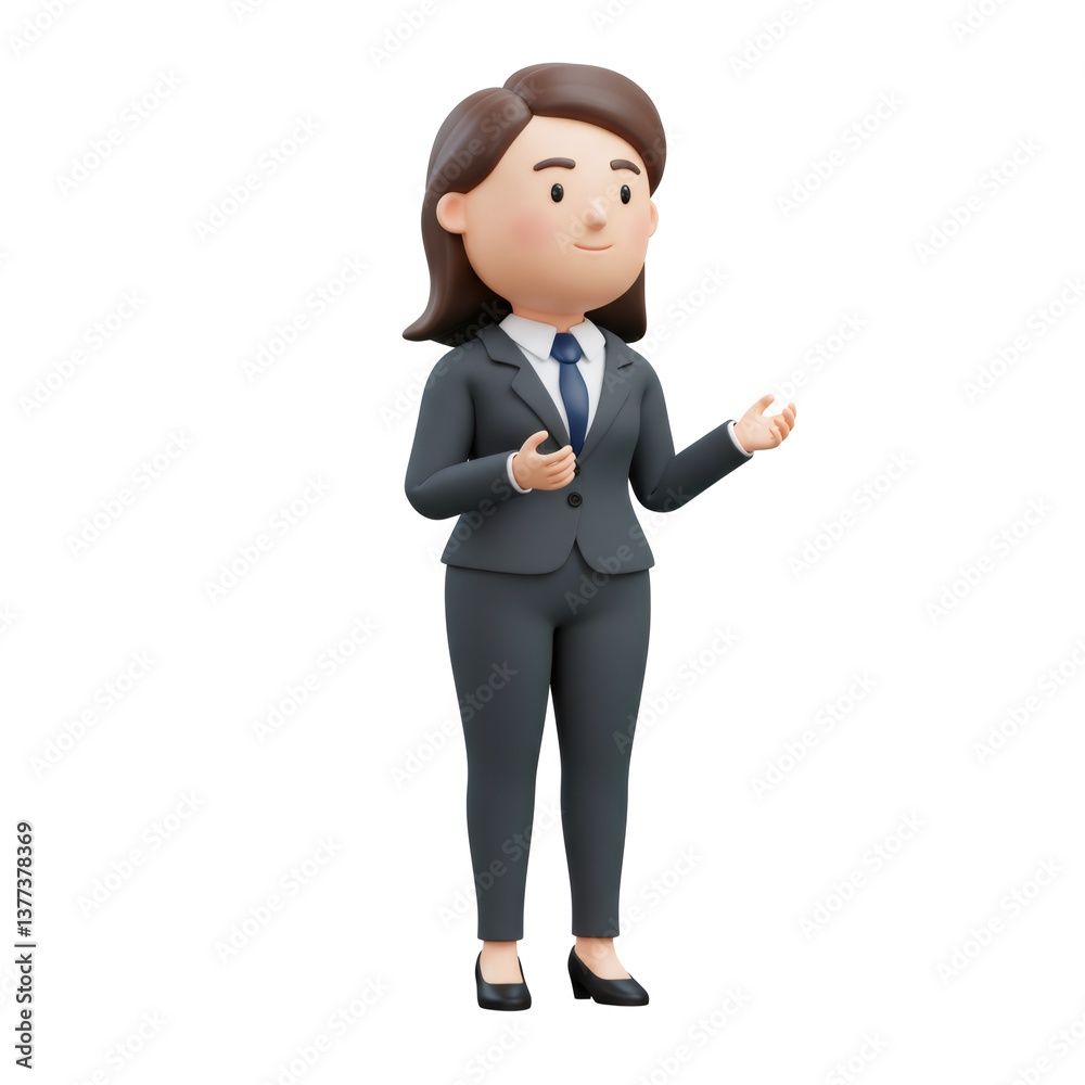 3D Rendered Cartoon Businesswoman in Grey Suit Giving Presentation 3D Rendered Cartoon Businesswoman in Grey Suit Giving Presentation