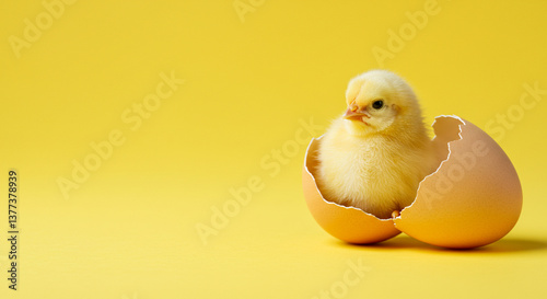 Baby chick sitting in a cracked egg on a yellow background