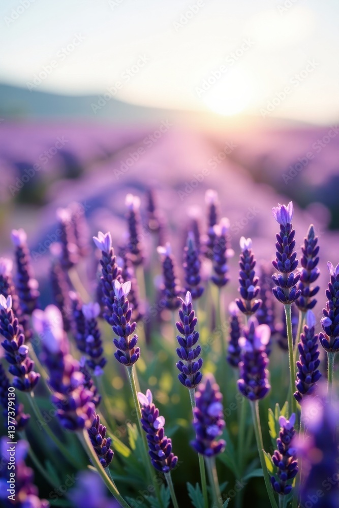 Naklejka premium Serene Sunset Lavender Field A Vibrant Display of Purple Blossoms Bathed in Golden Light