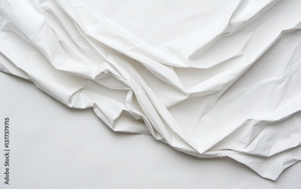 Obraz premium Abstract image of crumpled white fabric on a light gray background. The fabric is textured and shows folds and creases. The overall mood is serene and minimalist