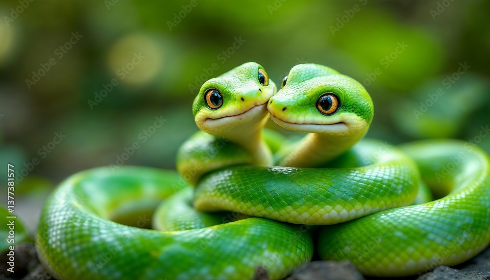 Fototapeta premium Two Green Snakes Coiled Together in Nature with Warm Lighting