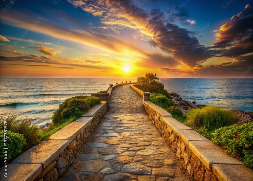 Fototapeta premium Serene Sunset Ocean Path: Calming Coastal Stone Pathway at Golden Hour