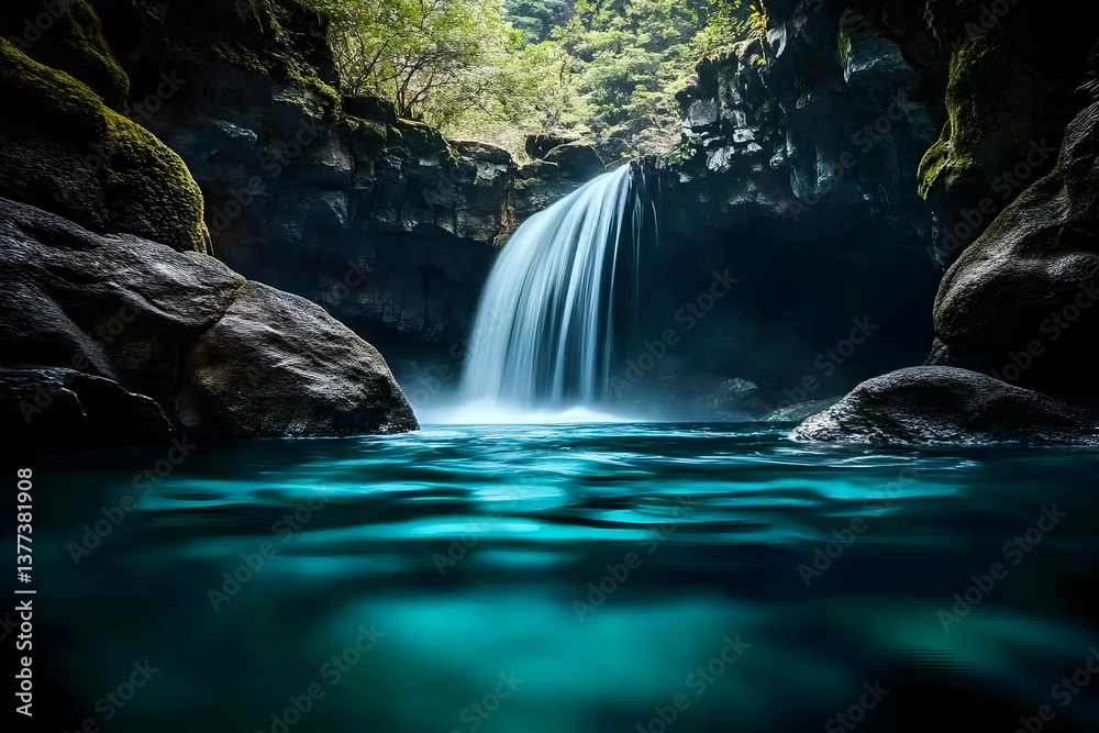Fototapeta premium A tranquil waterfall cascading into a serene pool, surrounded by lush greenery, creating a picturesque natural oasis.