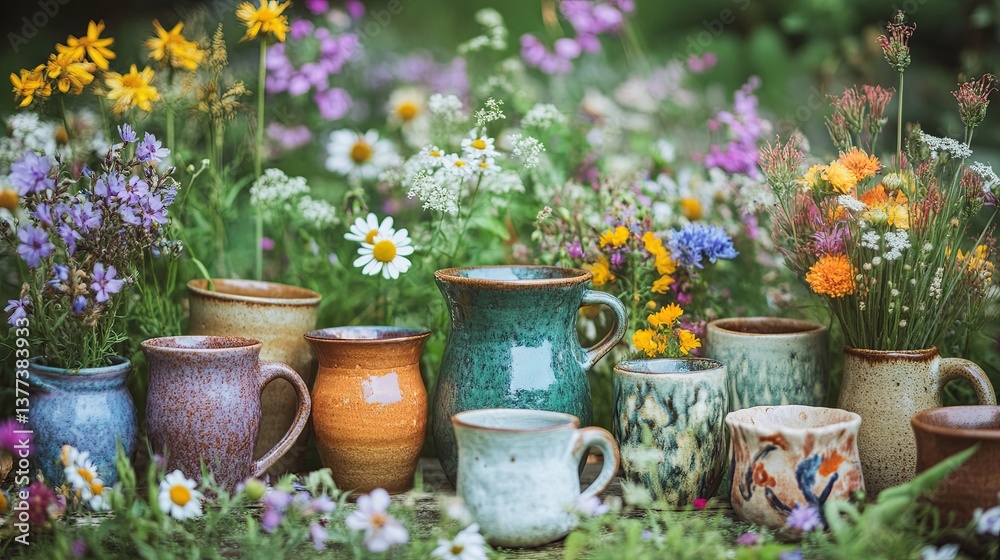 Handcrafted pottery mugs and vases surrounded by wildflowers for a small artisan business pic Handcrafted pottery mugs and vases surrounded by wildflowers for a small artisan business pic
