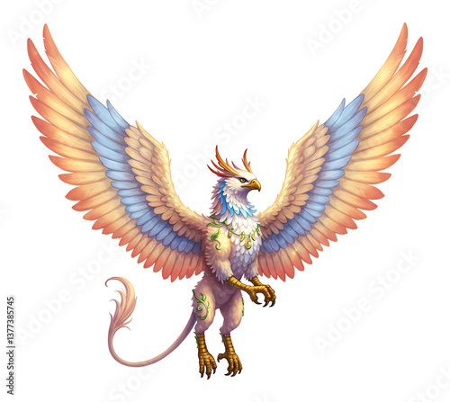 羽ばたく幻想的グリフォン 虹色羽根
