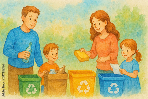 AI generated watercolor illustration of a family sorting waste for recycling