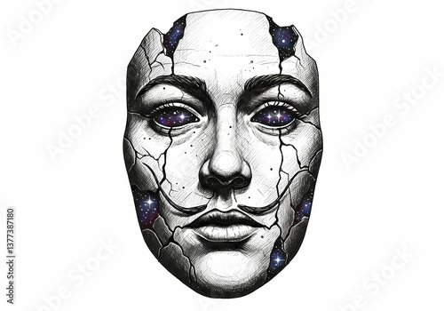 Wallpaper Mural Surreal Black-and-White Illustration of Masked Face Torontodigital.ca