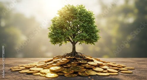 Tree Growing From Pile of Golden Coins Symbolizing Investment and Growth
