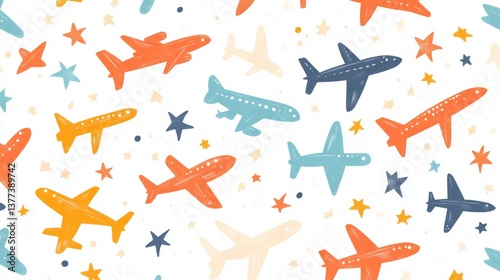 42.A whimsical design featuring colorful airplanes and glowing stars, evenly spaced in a seamless repeat on a bright white background for a lighthearted look.