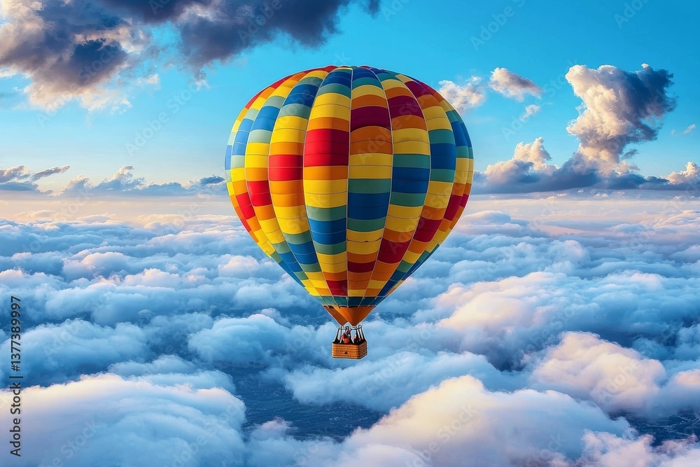Naklejka premium Vibrant Multicolored Hot Air Balloon Soaring Above Fluffy Cloudscape in Peaceful Skies - Serene Adventure and Freedom Travel Concept