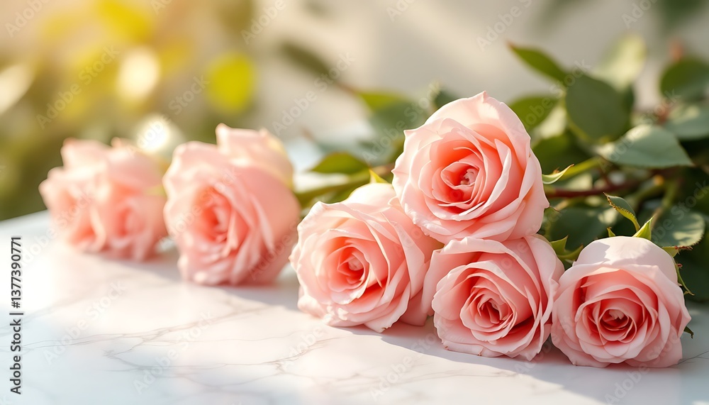 Elegant Pink Roses Arrangement on Marble Surface with Soft Lighting Elegant Pink Roses Arrangement on Marble Surface with Soft Lighting