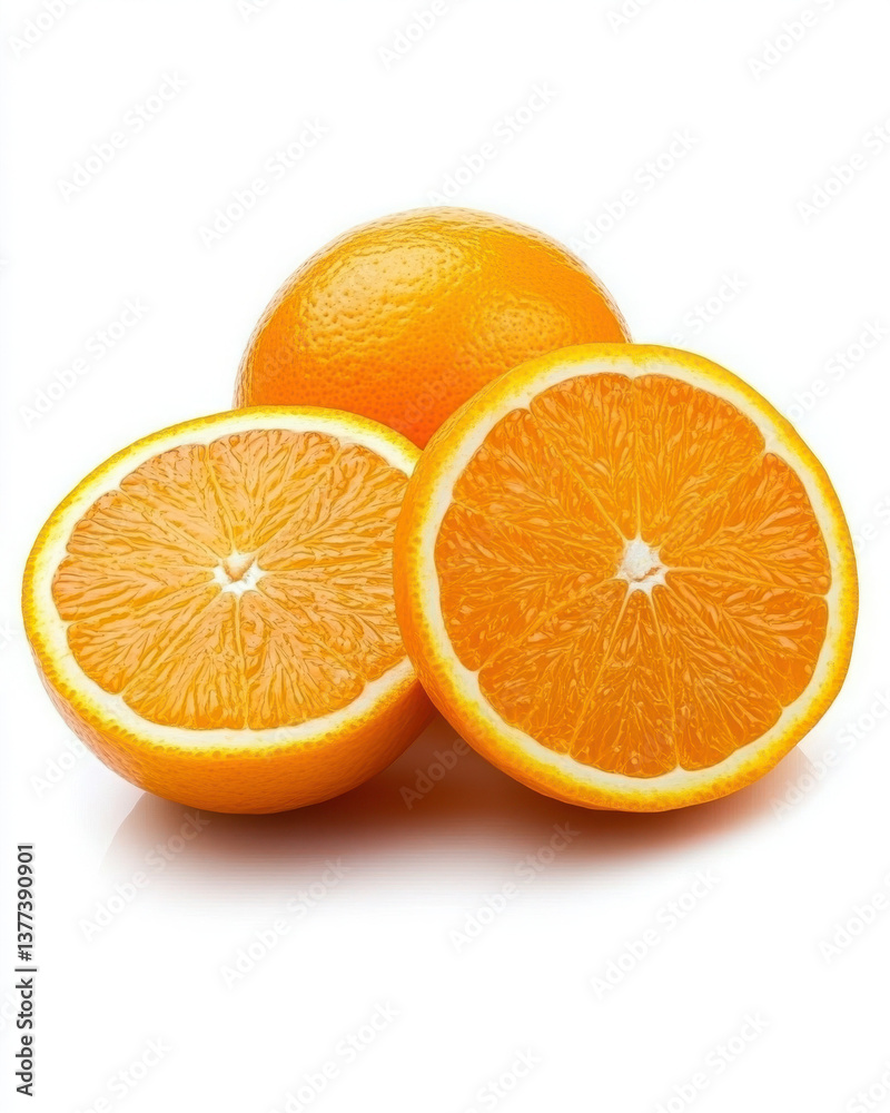 Fresh, juicy oranges cut to showcase their vibrant color. Fresh, juicy oranges cut to showcase their vibrant color.