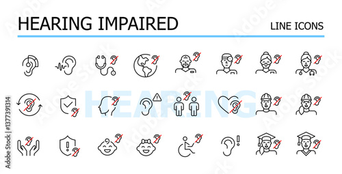 Hearing impaired people healthcare and inclusivity. Hearing protection and aids. Vector icons set