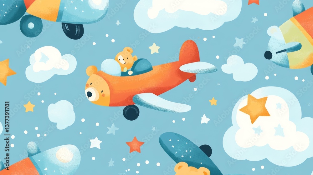 Naklejka premium 76.Charming seamless pattern with bears in colorful airplanes flying high, with whimsical cloud formations and scattered stars, creating a joyful and fun atmosphere for baby shower designs and kids’