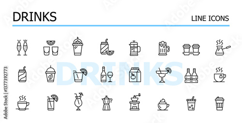 Bar, cafe and restaurant drinks menu. Glasses, shots, wine bottle and beer mugs. Vector icons set