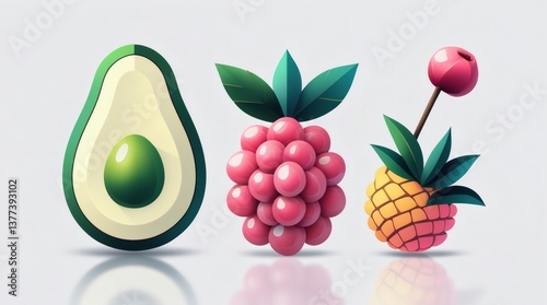 3D Fruit Icons – Avocado, Raspberry, Pineapple in Minimal Style