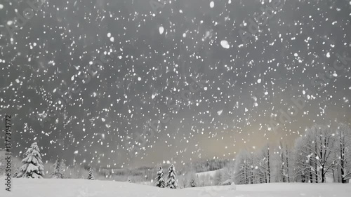 Snow falling in winter landscape, wide and cold, white and grey, representing Christmas