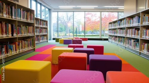 Colorful library interior; autumn view; children's seating; bookshelves; reading area