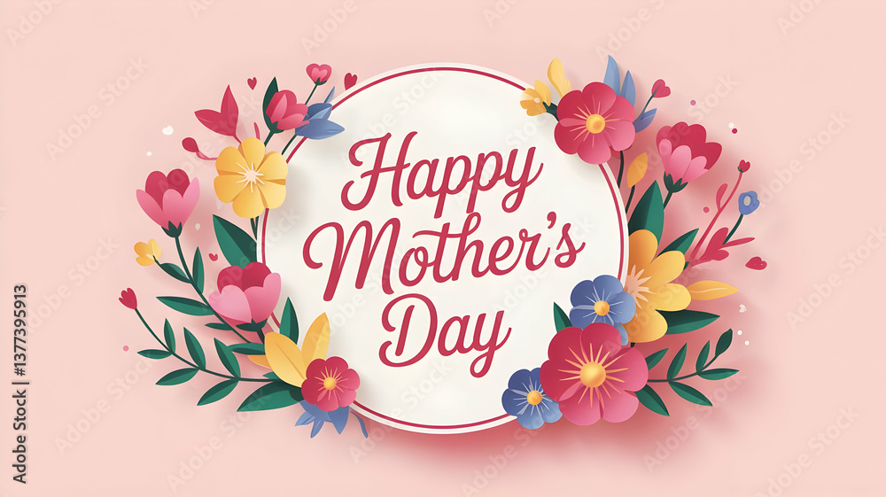 Obraz premium A beautifully designed Mother’s Day greeting card with a floral arrangement surrounding a circular white frame. The text 'Happy Mother's Day' is elegantly written in the center.