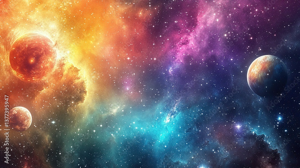 A colorful cosmic scene with stars, planets, and nebulae. A colorful cosmic scene with stars, planets, and nebulae.