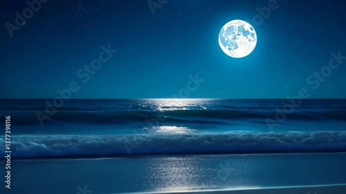 Tranquil Moonlit Ocean Waves Gently Crashing on the Shore at Night
