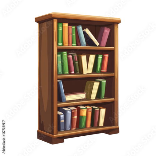 Wooden Bookcase Filled with Colorful Books Literature Reading Knowledge Education,
