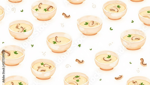 Creamy Mushroom Soup Bowls - A seamless pattern of bowls filled with creamy mushroom soup.