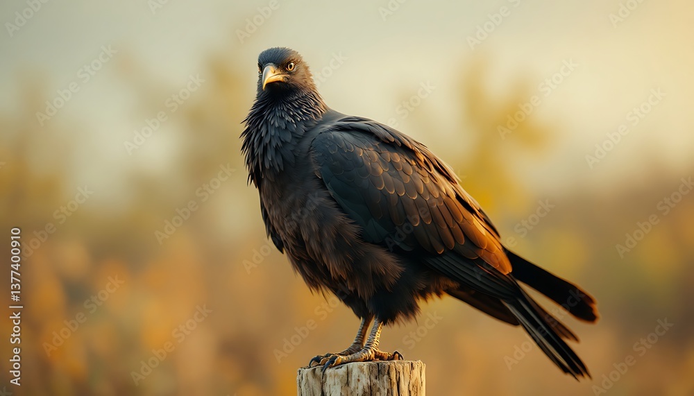 Obraz premium Captivating Dark Plumage Bird Standing Tall on Wood Perch Outdoors