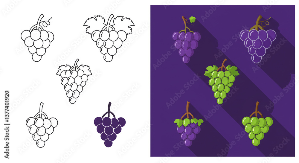 A vibrant collection of juicy grapes, ripe and ready for harvest, depicted in both line art and colorful flat design with long shadows. A vibrant collection of juicy grapes, ripe and ready for harvest, depicted in both line art and colorful flat design with long shadows.