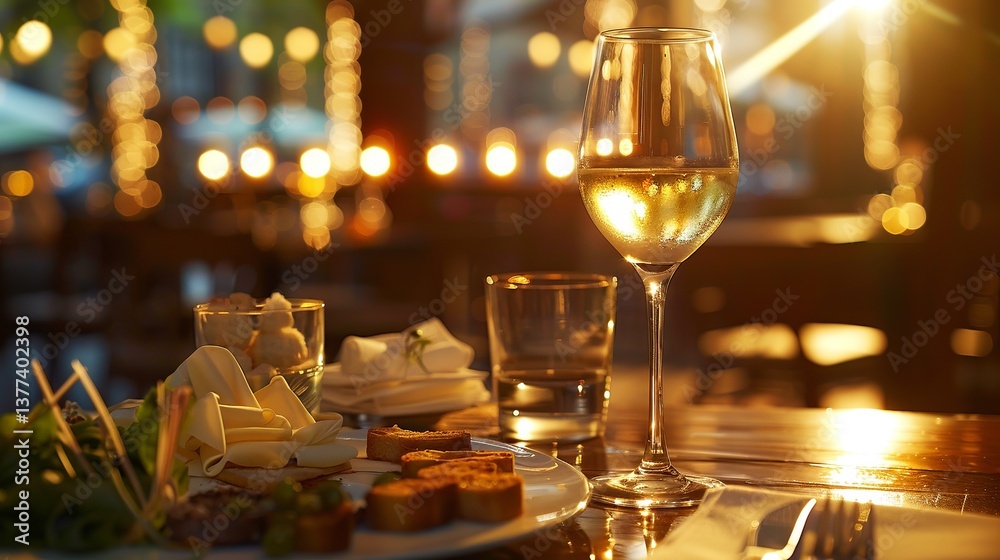 A beautifully arranged dinner table featuring a plate of gourmet appetizers and a glass of white wine, glowing in warm sunlight. A beautifully arranged dinner table featuring a plate of gourmet appetizers and a glass of white wine, glowing in warm sunlight.
