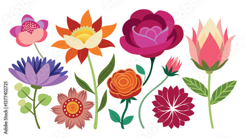 Vector art.A collection of flower heads isolated against a white background for design elements.